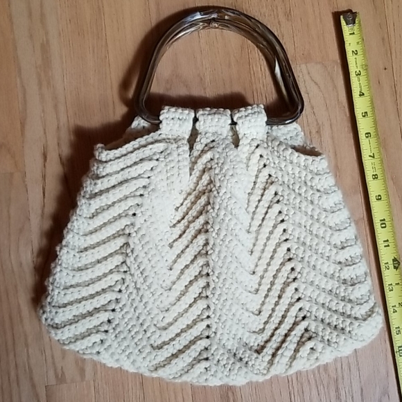 Vintage 1970s Boho Hand Crafted Crochet Knit Tortoise Handle Handbag - Picture 9 of 12